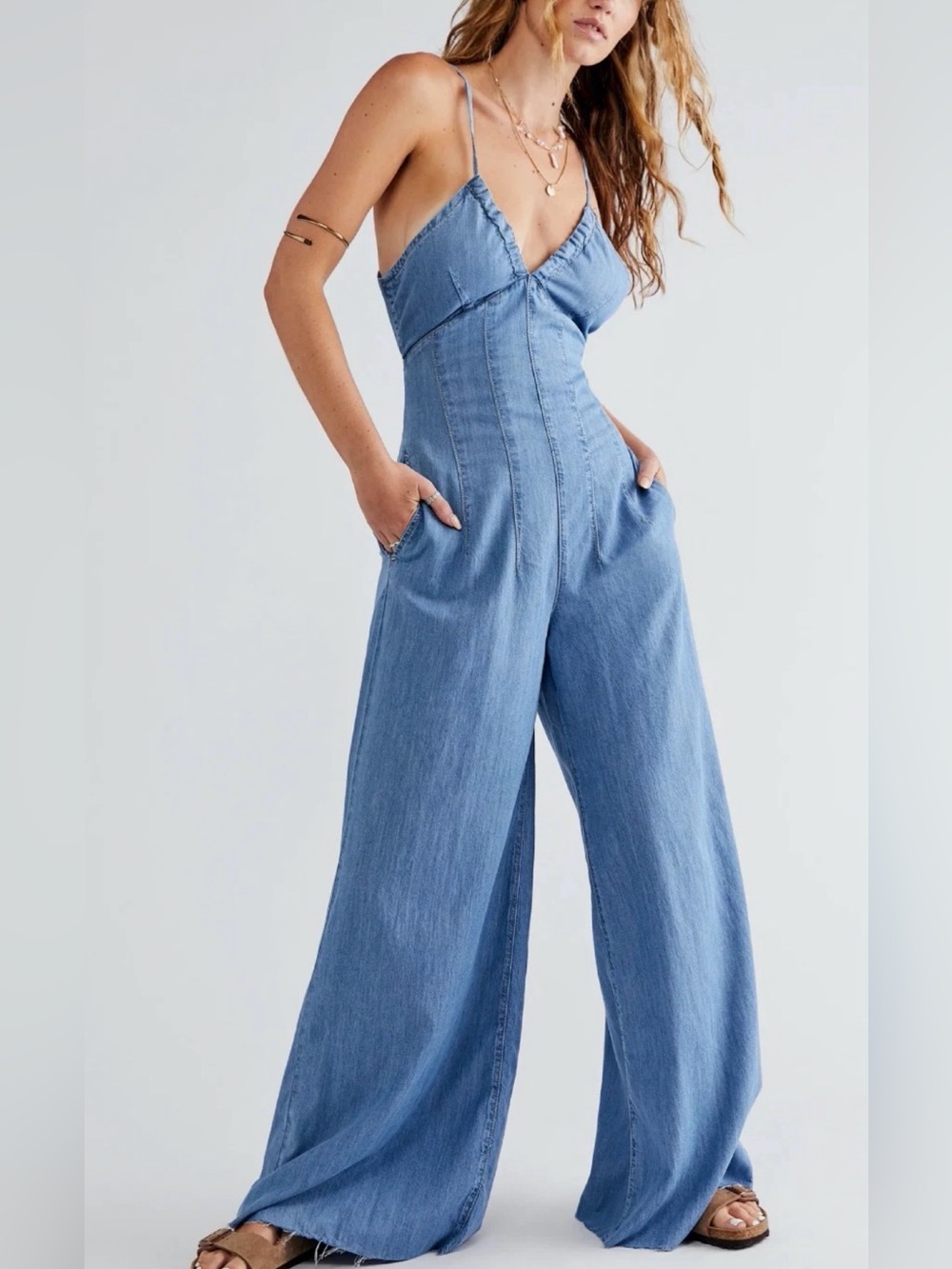 Free People We the Free Curvy Denim Jumpsuit Blue Size Small Boho Rodeo Festival